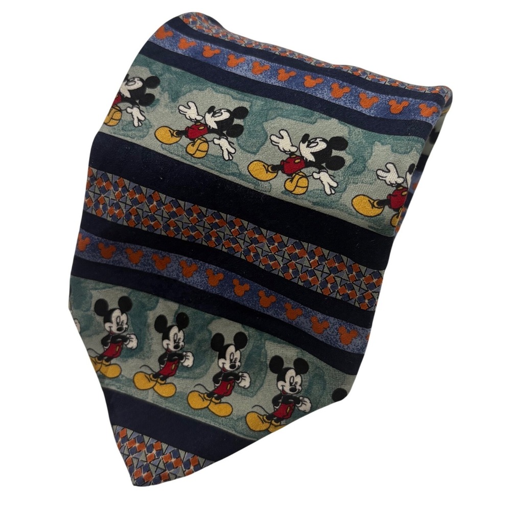 VTG Mickey Mouse Silk Tie Italy Navy Blue Green 61x3.75" Disney Store‎ Nostalgia